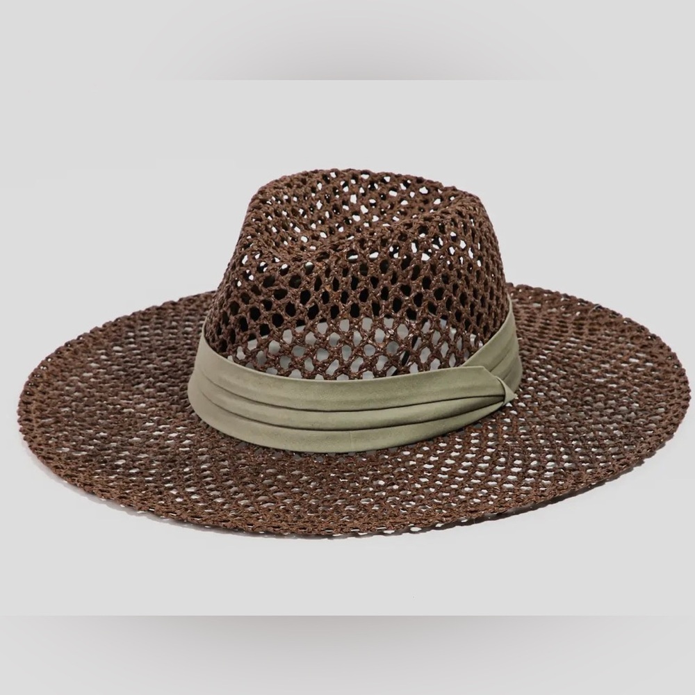 Brown Woven Sun Hat with Green Band